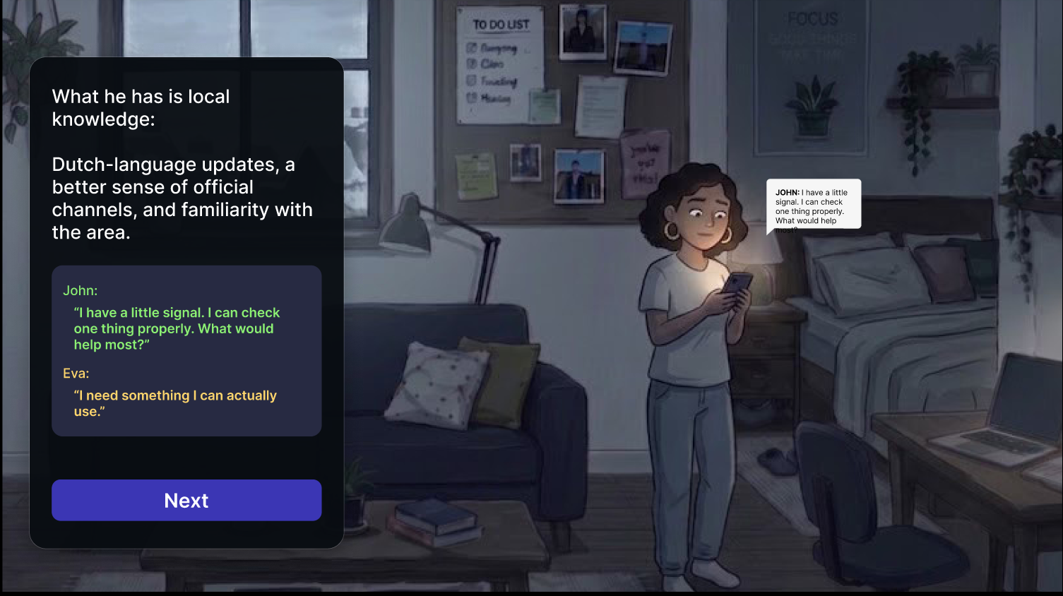 Full interactive story screen showing Eva receiving local knowledge from John